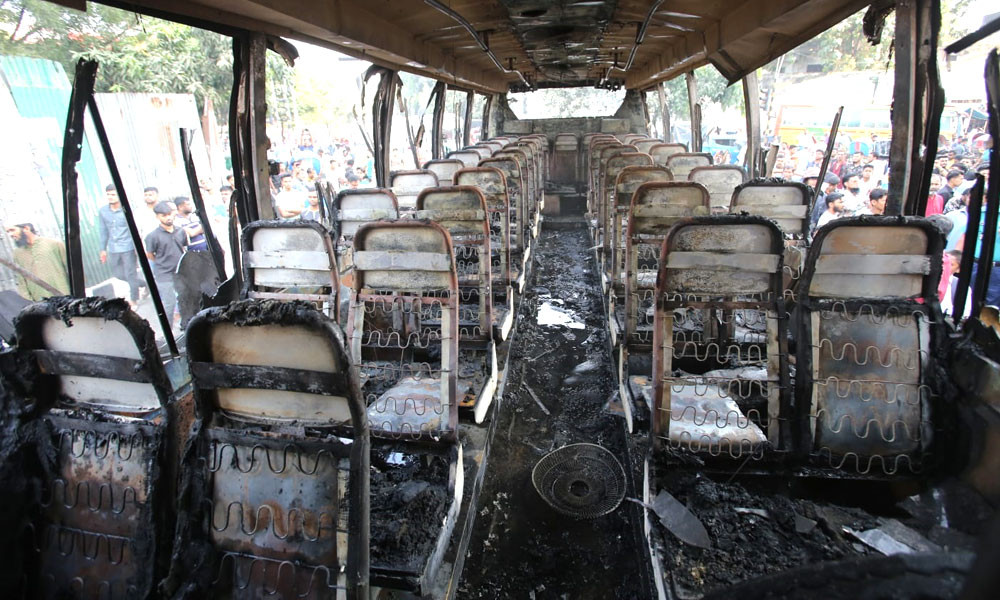 A bus was set on fire in Dhaka's Gulistan area on Monday, the second-day of the nationwide blockade called by BNP-Jamaat. The bus “Bikalpa Paribahan” was set on fire in front of Bangabandhu Square Hall Market at around 2:00pm. Photo : Reaz Ahmed Sumon