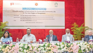 The Palli Karma-Sahayak Foundation (PKSF) holds the closing ceremony of its Germany-funded project titled “Climate-resilient Infrastructure for Sustainable Community Life in the Haor Region of Bangladesh” at the PKSF Bhaban in the capital on Wednesday. PKSF Chairman Zakir Ahmed Khan presides over the event. PHOTO: COURTESY