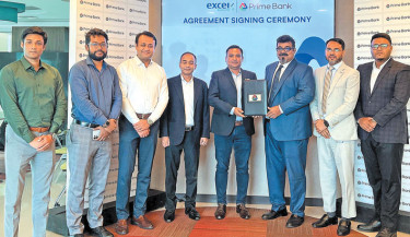 Prime Bank partners with Excel Telecom Pvt Ltd to enable digital device financing for its customers. Nazeem A Choudhury, deputy managing director of Prime Bank PLC, and Mohammad Syfuddin Tipu, executive director of the company, attend the signing ceremony.  Photo: Courtesy