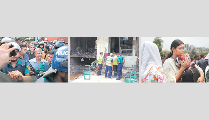 Interim government advisers and the chief adviser's press secretary visit Milestone School and College in the capital's Uttara on Tuesday amid student protests following the tragic jet crash, while the CID collects evidence at the F-7 crash site and students console one another on the campus. -Kamrul Islam Ratan