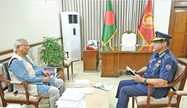 Bangladesh Air Force chief Air Marshal Hasan Mahmood Khan calls on Chief Adviser Prof Muhammad Yunus at State Guest House Jamuna in the capital on Wednesday. -PID Photo