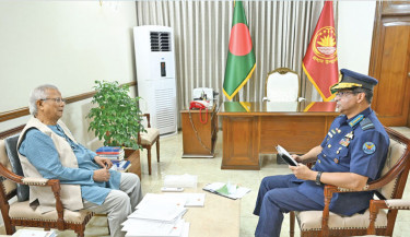 Bangladesh Air Force chief Air Marshal Hasan Mahmood Khan calls on Chief Adviser Prof Muhammad Yunus at State Guest House Jamuna in the capital on Wednesday. -PID Photo