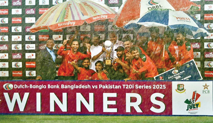 Bangladesh players celebrate the series win in the pouring rain and thunderstorm in Mirpur on Thursday. Photo: Tanvin Tamim