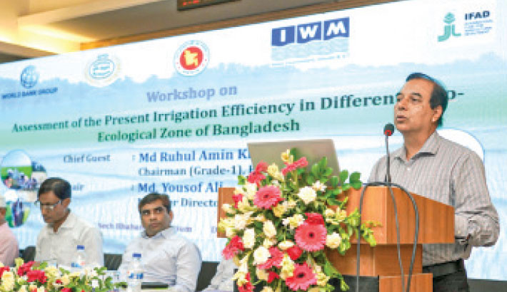 Md Ruhul Amin Khan, chairman of Bangladesh Agriculture Development Corporation, speaks at a workshop titled “Assessment of the present irrigation efficiency in different agro-ecological zone of Bangladesh” in the capital on Monday. Photo: Courtesy