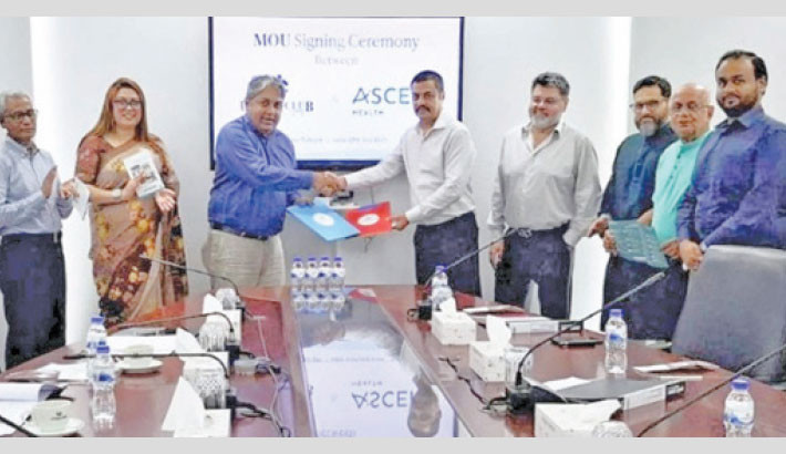 Ascent Health Limited and Uttara Club Limited recently sign a Memorandum of Understanding (MoU), under which Uttara Club members and their families can avail Ascent Health’s services. Dr Anwarul Iqbal, CEO of Ascent Health, and Mohammad Faysal Taher, president of Uttara Club, and others pose at the signing ceremony. PHOTO: COURTESY