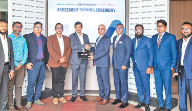 Prime Bank PLC signs a strategic partnership agreement with Secret Recipe and Fair Electronics, offering its customers exclusive deals on food and electronics. Mamur Ahmed, SEVP and head of branch distribution at Prime Bank, and Md Zahidul Kabir, head of treasury at Fair Group, signed the agreement at the bank’s corporate office in Gulshan recently. PHOTO: COURTESY