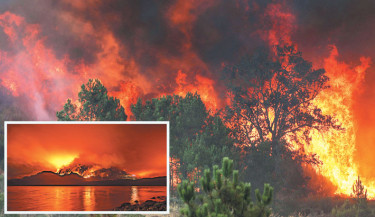 A wildfire approaches Casal do Monte village in Trancoso, Portugal on Wednesday. Inset, a wildfire burns on Mount Underwood near Port Alberni, on Vancouver Island, British Columbia, Canada on Tuesday. The BC Wildfire Service reports the blaze has expanded to roughly 8.6 square kilometres (3.3 square miles), prompting an evacuation order from campsites.  -AFP PHOTO