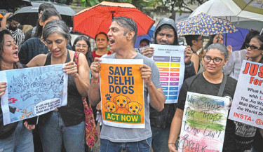 Residents hold placards during a protest in Mumbai on Thursday, against India's Supreme Court order of the removal of stray dogs from the capital, citing public safety concerns after a surge in dog bites.  -  AFP PHOTO