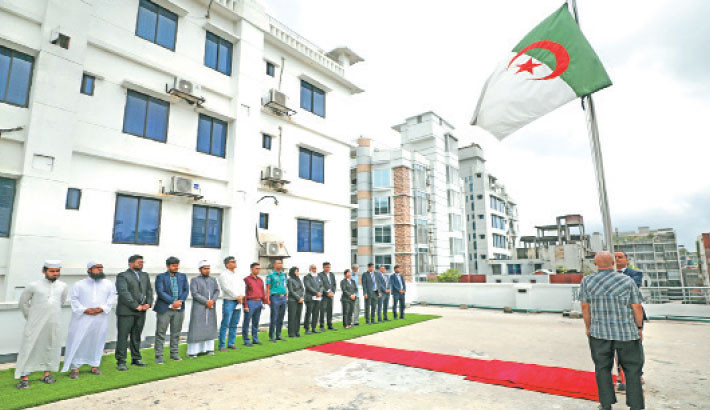 Diplomats, business leaders, media representatives, and members of Bangladesh’s civil society, led by Algerian Chargé d’Affaires Basma Bentaleb, attend the hoisting of the Algerian national flag at the embassy premises in Dhaka on Wednesday to mark “National Mujahid Day.”-Daily sun Photo
