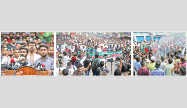 (From left) Gono Odhikar Parishad, Bangladesh Jamaat-e-Islami and July Mancha hold rallies at Bijoynagar and Baitul Mukarram areas in Dhaka on Saturday, protesting the attack on Gono Odhikar Parishad members, including its President Nurul Haque Nur. -Nazmul Islam
