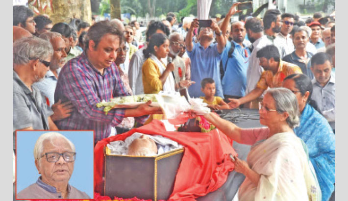Fisheries and Livestock Adviser Farida Akhter pays tribute to writer, researcher, and president of the Jatiya Mukti Council, Badruddin Umar, at the Central Shaheed Minar in Dhaka on Monday. -Daily sun Photo
