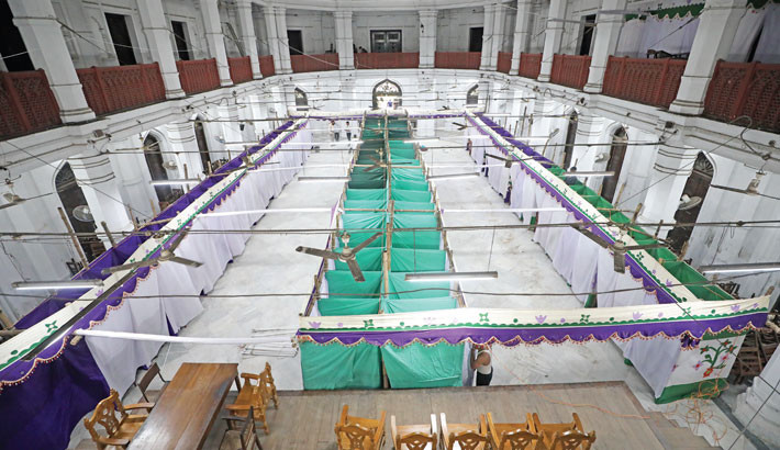 Polling booths at Curzon Hall stand prepared on Monday for the Dhaka University Central Students’ Union (DUCSU) election scheduled to be held from 8am to 4pm today. -Kamrul Islam Ratan