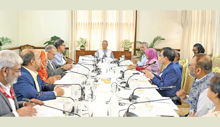 Chief Adviser Prof Muhammad Yunus presides over the 9th meeting of the National Training Council at the State Guest House Jamuna on Wednesday. -PID PHOTO