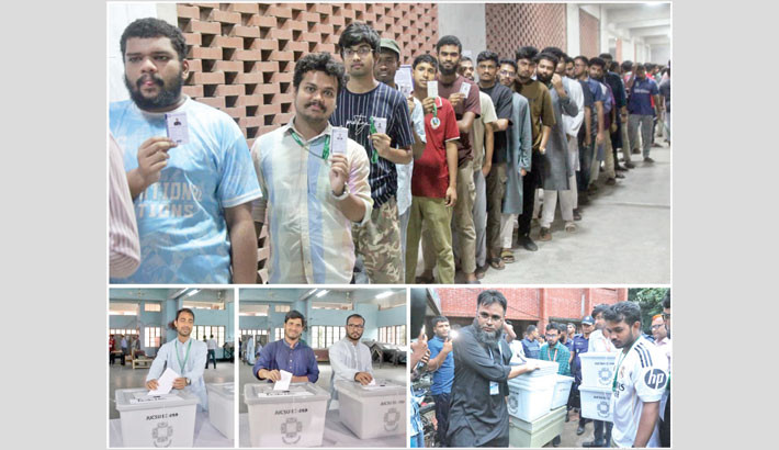 (Clockwise from top) Students of Jahangirnagar University queue up, showing ID cards before casting their votes in the Jahangirnagar University Central Students' Union (JUCSU) election on Thursday. Polling officials transport ballot boxes to different centres ahead of the much-anticipated polls. JUCSU vice-president candidates Arif Ullah (Chhatra Shibir) and Sadi Hasan (Chhatra Dal) cast their votes. -Nazmul Islam