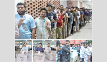 (Clockwise from top) Students of Jahangirnagar University queue up, showing ID cards before casting their votes in the Jahangirnagar University Central Students' Union (JUCSU) election on Thursday. Polling officials transport ballot boxes to different centres ahead of the much-anticipated polls. JUCSU vice-president candidates Arif Ullah (Chhatra Shibir) and Sadi Hasan (Chhatra Dal) cast their votes. -Nazmul Islam