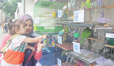 A mother and child joyfully admire colourful parrots and budgies in cages at the “Animal and Life Fair” hosted by the Bangladesh Animal Welfare Association at the Bangladesh-China Friendship International Conference Centre on Saturday. -Nazmul Islam