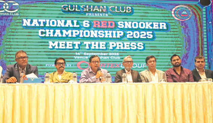 Officials address the media at the press conference inaugurating the National 6 Red Snooker Championship 2025 at Lambda Hall in Dhaka on Sunday. —Kamrul Islam Ratan
