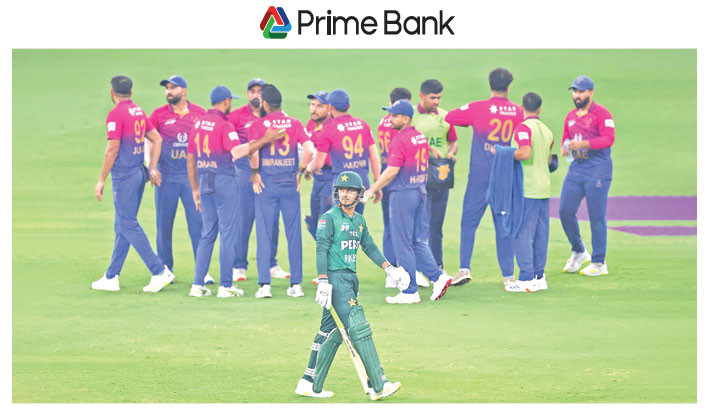 Saim Ayub of Pakistan leaves the field after being dismissed for a duck during their Asia Cup match against United Arab Emirates at Dubai International Stadium on Wednesday.  -  COLLECTED PHOTO