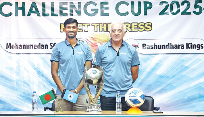 Bashundhara Kings captain Topu Barman and coach Mario Gomez pose with the Challenge Cup trophy during the press conference on Wednesday.   -  BFF PHOTO