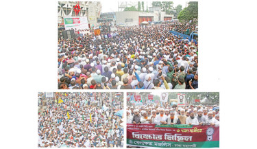 (Clockwise) Jamaat-e-Islami , Khelafat Majlis and Islami Andolan Bangladesh stage protests around Baitul Mukarram National Mosque on Thursday to press home a five-point demand, including holding the next general election in February based on the July National Charter.	-    DAILY SUN PHOTO