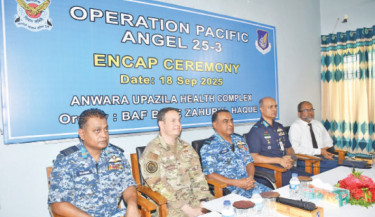 As part of the ongoing seven-day joint exercise Operation Pacific Angel 25-3, the Bangladesh Air Force (BAF) and the US Pacific Air Force hold an ENCAP ceremony at the Anwara Upazila Health Complex in Chattogram on Thursday. -ISPR PHOTO