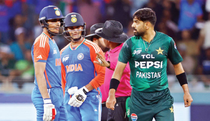 India’s Shubman Gill (L) and Abhishek Sharma have a heated exchange with Pakistan’s Haris Rauf during their Asia Cup Super 4 clash at the Dubai International Cricket Stadium on Sunday. TANVIN TAMIM