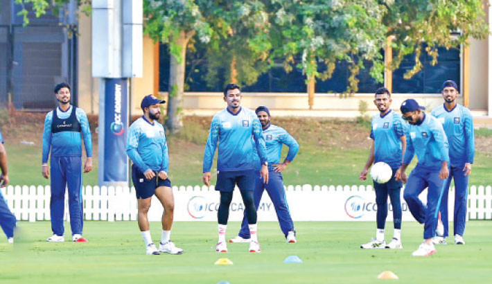 Sri Lankan cricketers train ahead of their Super Four clash against Pakistan at the Dubai International Cricket Stadium on Monday.  -TANVIN TAMIM