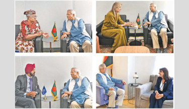 (Clockwise from top left) Chief Adviser Prof Muhammad Yunus meets World Trade Organization (WTO) Director General Ngozi Okonjo-Iweala, Dutch Queen Máxima, World Bank President Ajay Banga and Paris Mayor Anne Hidalgo on the sidelines of the 80th session of the United Nations General Assembly in New York on Wednesday. - PID PHOTO