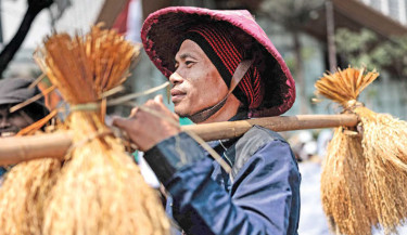 A farmer carries a pole with rice stalks on both ends during a demonstration on National Farmers’ Day in Jakarta, Indonesia, on Wednesday. PHOTO: AFP