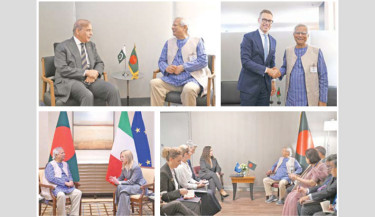 (Clockwise from top left) Chief Adviser Prof Muhammad Yunus meets Pakistani Prime Minister Shehbaz Sharif, Finnish President Alexander Stubb, Italian Prime Minister Giorgia Meloni, and Kosovar President Vjosa Osmani on the sidelines of the 80th session of the United Nations General Assembly in New York on Wednesday. (NY time)	-PID PHOTO