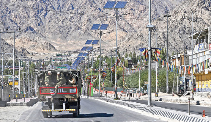 Security forces patrol Ladakh during curfew after deadly protests