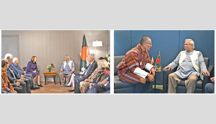 (Left) A delegation of global leaders, led by former Latvian President Vaira Vīķe-Freiberga, meets Chief Adviser Prof Muhammad Yunus on the sidelines of the United Nations General Assembly in New York on Friday (NY time). (Right) Bhutanese Prime Minister Tshering Tobgay meets the chief adviser.	-PID PHOTO