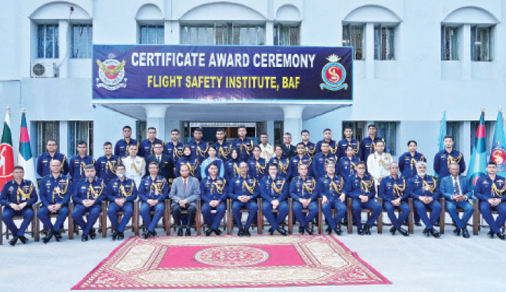 Recipients of the 74th Flight Safety Officers (FSO) Course of the Bangladesh Air Force (BAF) pose for a photograph during the award ceremony at the Flight Safety Institute in Dhaka Cantonment on Monday. -ISPR PHOTO