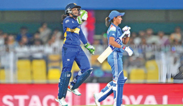 Anushka Sanjeewani of Sri Lanka celebrates after taking the catch to dismiss Harmanpreet Kaur of India during the ICC Women's Cricket World Cup India 2025 match at Barsapara Cricket Stadium on Tuesday. —ICC Photo