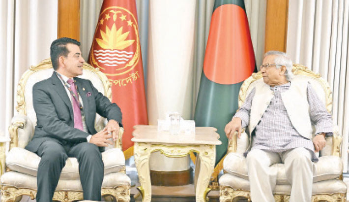 ISESCO Director General Dr Salim M Al Malik meets Chief Adviser Prof Muhammad Yunus at the State Guest House Jamuna on Monday. -PID PHOTO