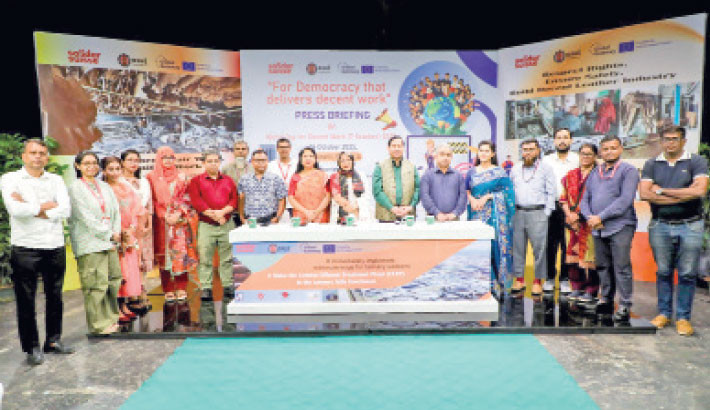 Participants and speakers attend a press briefing titled “For Democracy that Delivers Decent Work” in the capital’s Tejgaon on Monday, marking World Day for Decent Work 2025. -Daily Sun PHOTO