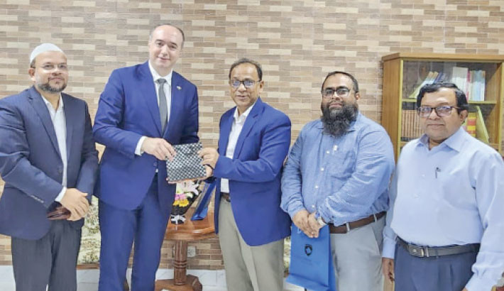 A delegation led by Ambassador of the Republic of Kosovo to Bangladesh Lulzim Pllana pays a courtesy call on Bangladesh Standards and Testing Institution (BSTI) Director General SM Ferdous Alam on Monday. They discussed the activities and operational methods of the national standards bodies of both countries. PHOTO: COURTESY