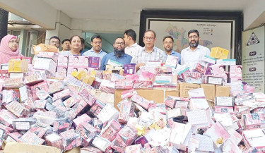 A BSTI mobile court seizes a large cache of counterfeit cosmetics from across the capital on Wednesday. Laboratory tests of the seized cosmetics revealed hydroquinone levels 2,500 times above the safe limit, a chemical linked to skin cancer and damage to the kidneys and liver. 	-BSTI PHOTO