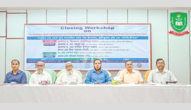 Department of Fisheries Technology of Gazipur Agricultural University (GAU) organises a special workshop titled “Production, Shelf-Life Extension and Commercialisation of Value-Added Fishery Products from Low-cost Marine Fish” on the campus on Wednesday. The event was funded by the Sustainable Coastal and Marine Fisheries Project under the Department of Fisheries. 	–DAILY SUN PHOTO