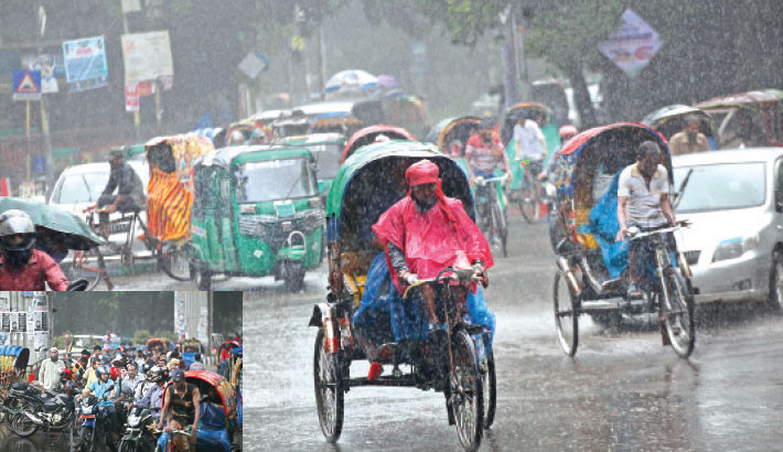 Active monsoon rains drench the city in a daylong downpour, sending commuters scurrying while the subdued Friday keeps most tucked away indoors. Inset, bikers take refuge a flyover, sheltering from the persistent rain.-Nazmul Islam