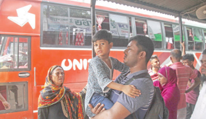 Passengers remain stranded at Mohakhali Bus Terminal on Sunday as Mymensingh-Dhaka bus services halted for the second day over a transport worker’s arrest. -Nazmul Islam