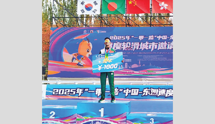 Bangladeshi speed skater Nabiyun Islam made history in China by clinching two gold medals at the Belt and Road China–ASEAN Speed Roller Skating City Invitational Tournament held in Karamay, Xinjiang, on Sunday. Collected PHOTO