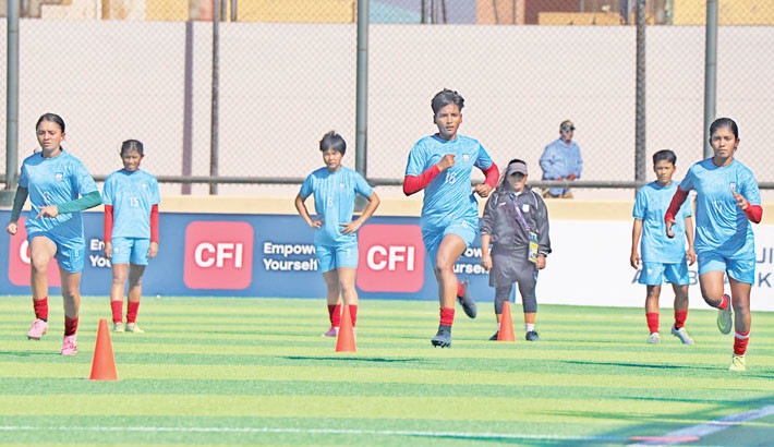 Bangladesh U-17 women’s team conduct morning training session in Aqaba on Wednesday. - BFF PHOTO
