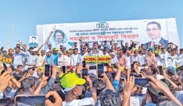 Anisul Haque, joint secretary of Jatiyatabadi Krishak Dal, member of the Sunamganj BNP convening committee, and former chairman of Tahirpur Upazila Parishad, addresses a gathering at the Upazila Stadium ground in Sunamganj on Saturday. — Daily Sun Photo