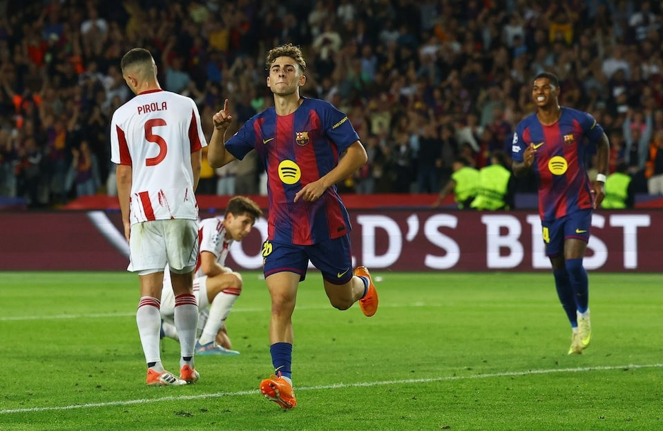 Fermin hat-trick inspires Barcelona to 6-1 rout of Olympiacos