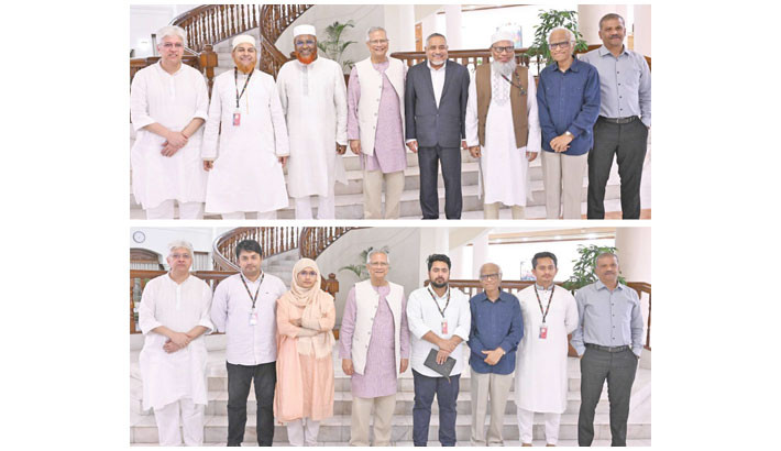 Delegations of Bangladesh Jamaat-e-Islami (top) and NCP (bottom) meet Chief Adviser Prof Muhammad Yunus at State Guest House Jamuna in Dhaka on Wednesday as part of ongoing political dialogue.  -  CA PRESS WING PHOTO