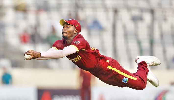 West Indies’ Alick Athanaze takes a brilliant catch to dismiss Bangladesh batter Najmul Hossain Shanto for 44 during the third ODI at the Sher-e-Bangla National Cricket Stadium in Mirpur on Thursday. 	—TANVIN TAMIM