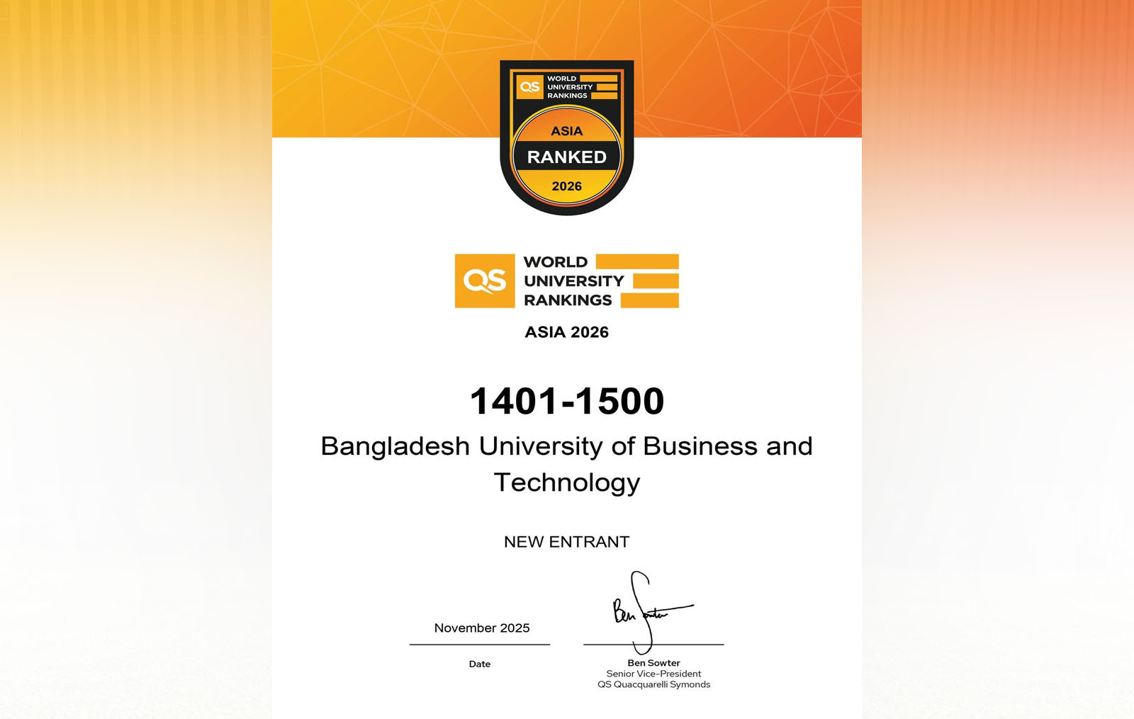 BUBT secures position in QS Asia University Rankings 2026