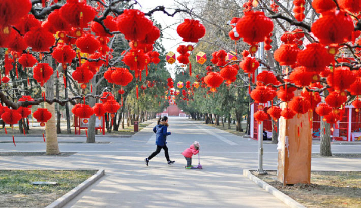 A girl runs with a child standing a scooter past red lanterns ahead of the Chinese Lunar New Year at a park in Beijing on 24 January 2019.